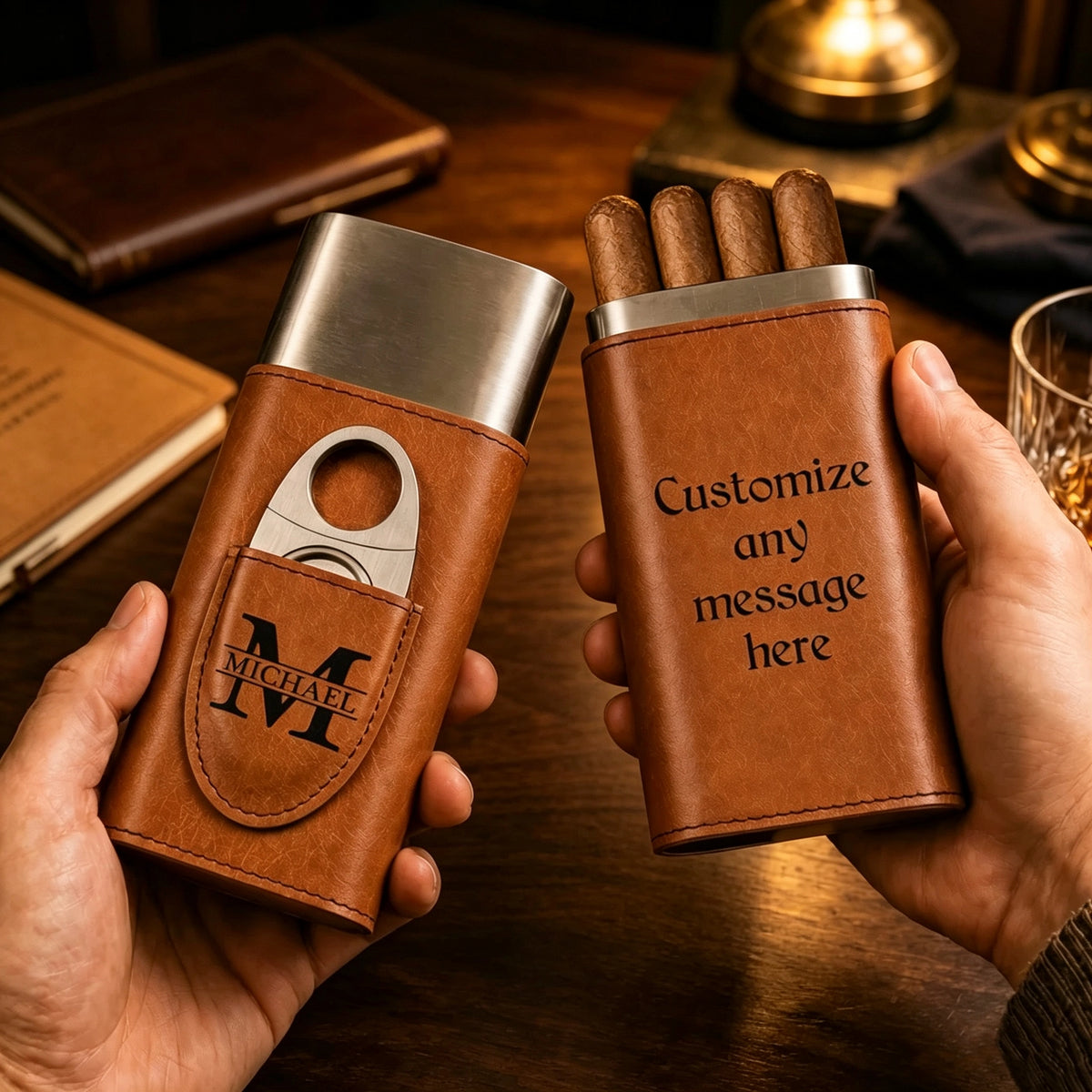 Personalized Leather Cigar Case, Vintage Brown Cigar Holder for Husband or Dad, Unique Creative Gift