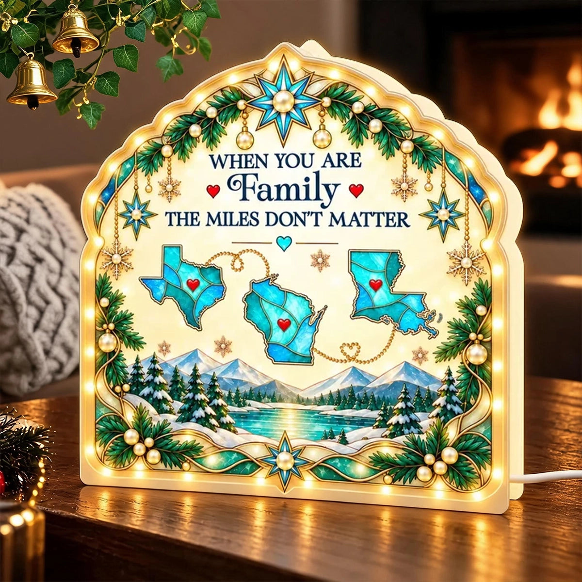 Personalized Acrylic Light Box with State Maps and Winter Scene, Unique Christmas Gift for Long-Distance Family