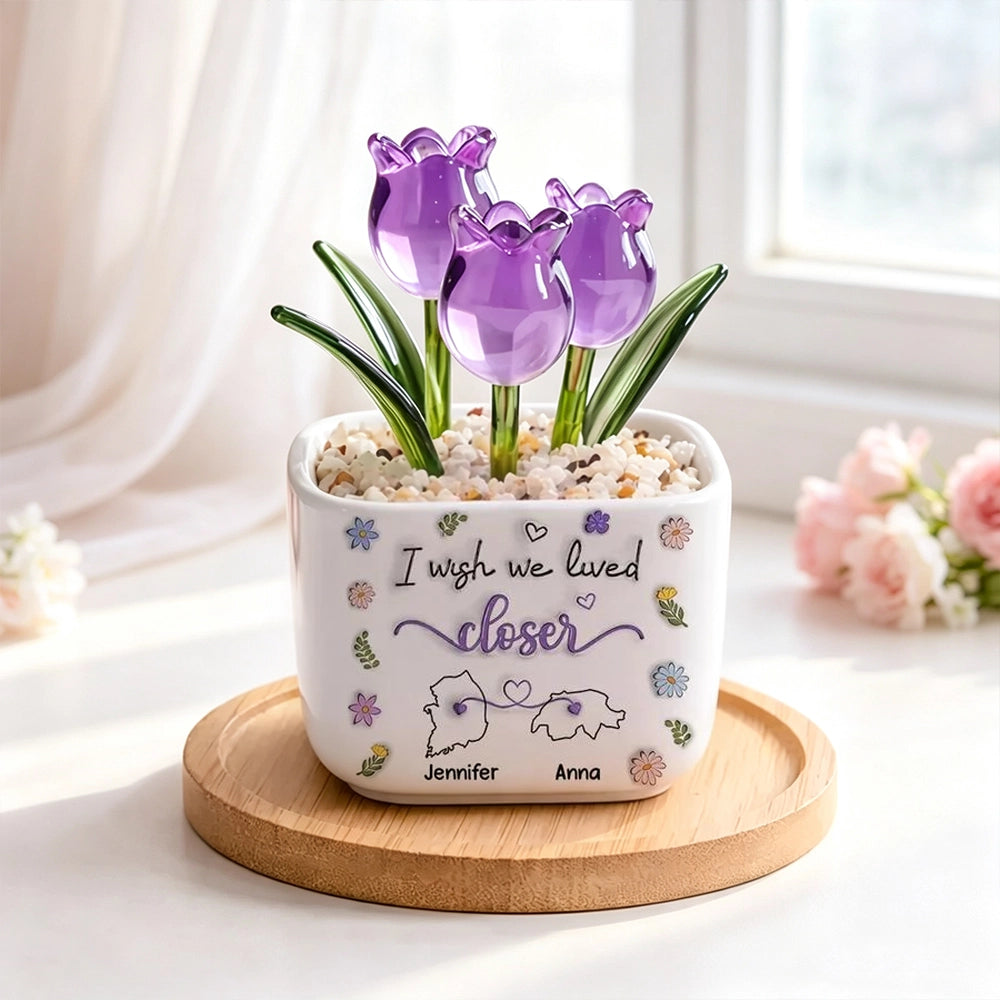 Personalized Square Glass Planter With Purple Tulips, I Wish We Lived Closer, Unique Gift For Friend