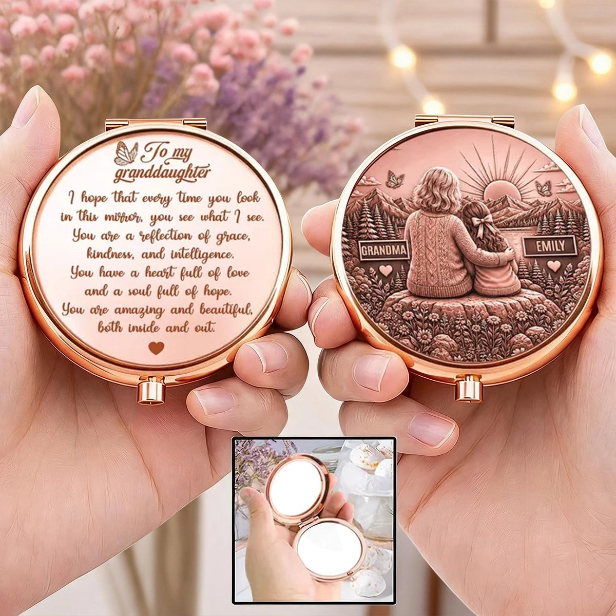 Personalized Metal Compact Mirror, Grandma Hugging Granddaughter at Sunset, Unique Gift for Granddaughter