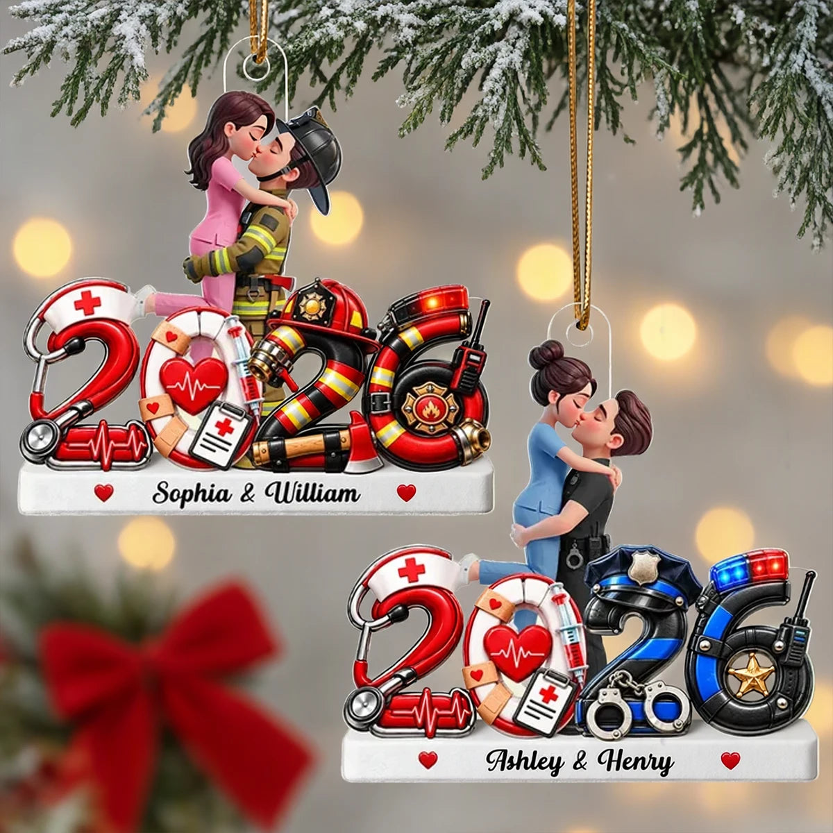 Personalized Acrylic Ornament, Red Illustrated Kissing Nurse & First Responder, Unique Christmas Gift for Couples