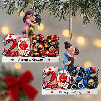 Personalized Acrylic Ornament, Red Illustrated Kissing Nurse & First Responder, Unique Christmas Gift for Couples