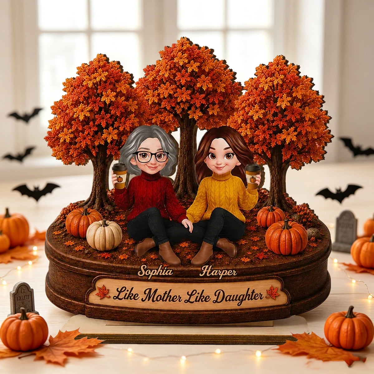 2-Layer Wooden Plaque, Autumn Trees & Seated Coffee Scene, Warm Custom Style, Unique Creative Gift