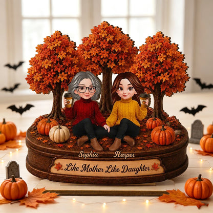 2-Layer Wooden Plaque, Autumn Trees & Seated Coffee Scene, Warm Custom Style, Unique Creative Gift