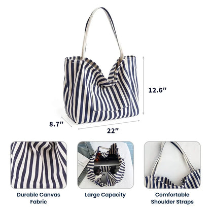 Striped Pocket Tote Bag with Personalized Colorful Wildflowers, Thoughtful Creative Gift for Teacher or Friend