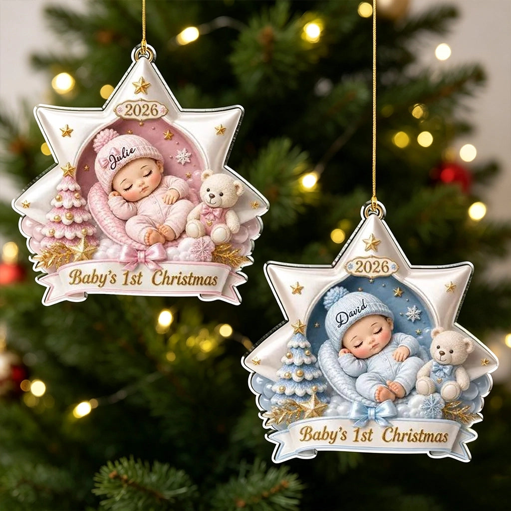 Personalized Acrylic Ornament, Sleeping Baby and Teddy Bear in Soft Pastels, Unique First Christmas Gift for New Parents