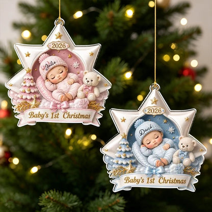 Personalized Acrylic Ornament, Sleeping Baby and Teddy Bear in Soft Pastels, Unique First Christmas Gift for New Parents