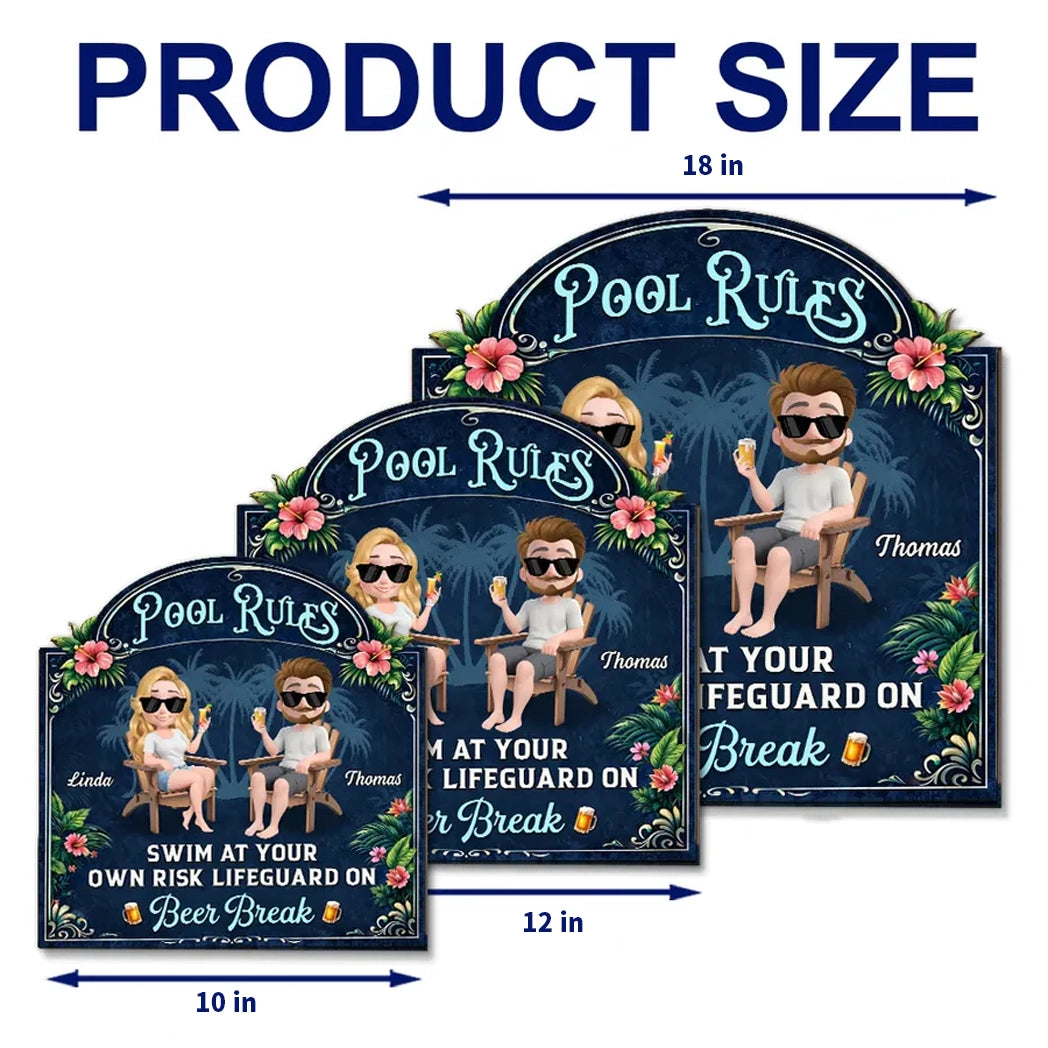 Personalized Wooden Sign With Seated Poolside Couple & Drinks, Unique Gift for Backyard Decor