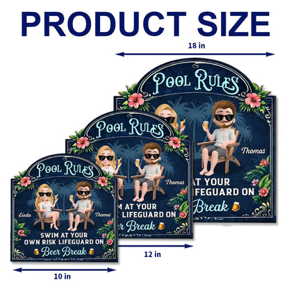 Personalized Wooden Sign With Seated Poolside Couple & Drinks, Unique Gift for Backyard Decor