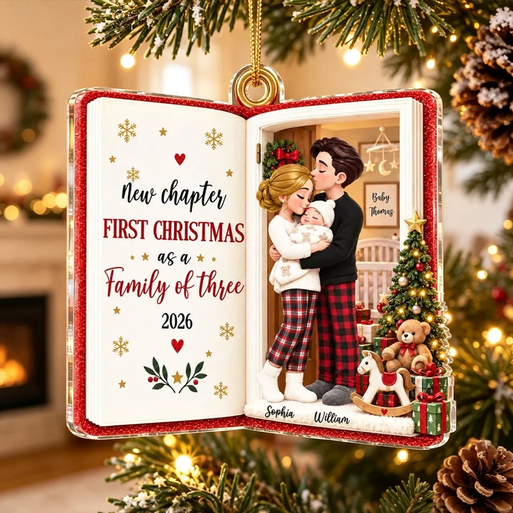 Personalized Acrylic Ornament, New Parents Embracing Baby by Christmas Tree, Unique Keepsake Gift