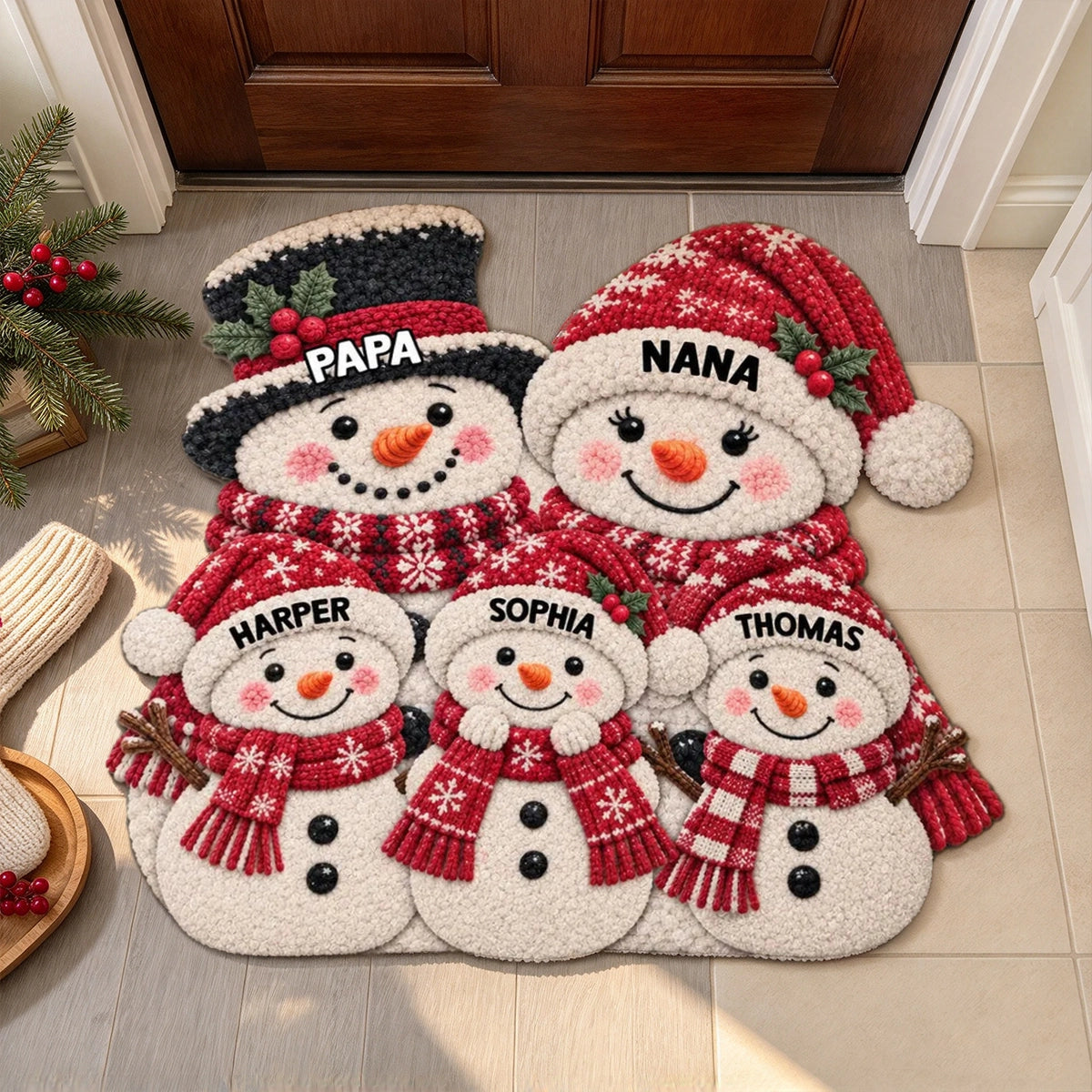 Snowman Family Shaped Doormat, Personalized Winter Welcome Decor, Heartwarming Creative Gift for Grandparents and Family