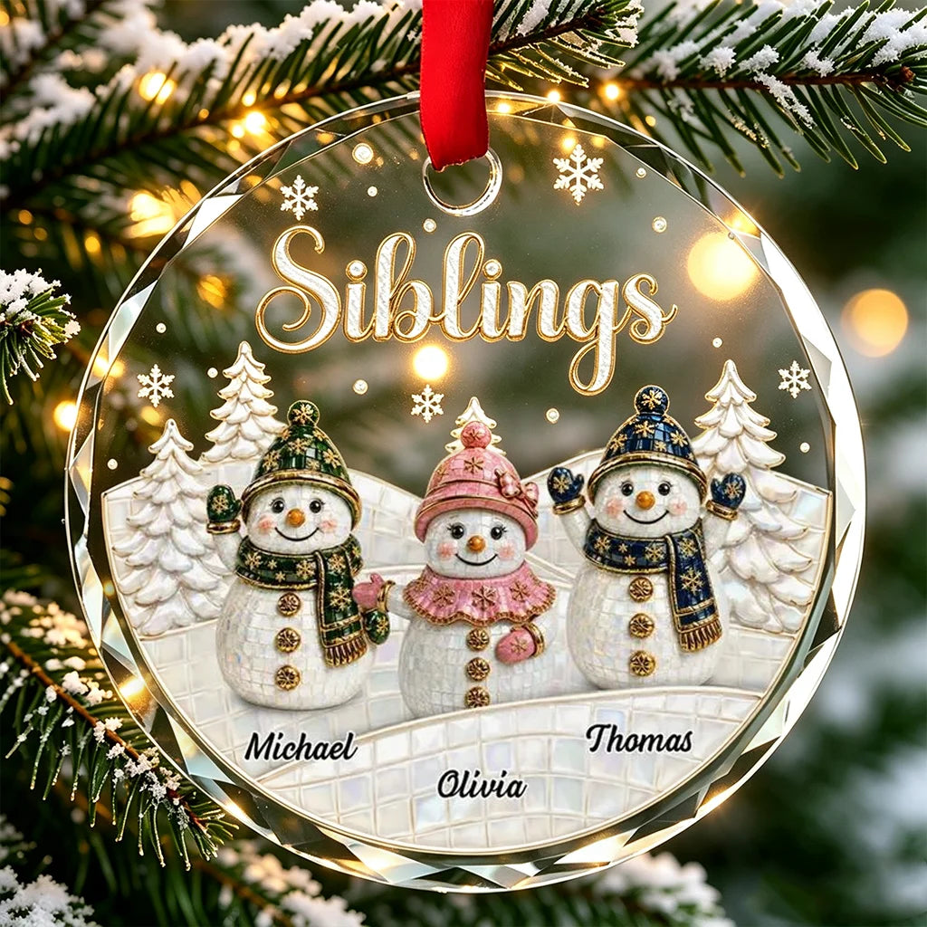 Personalized Crystal Ornament, Snowman Siblings in a Snowy Forest, Unique Christmas Gift for Family
