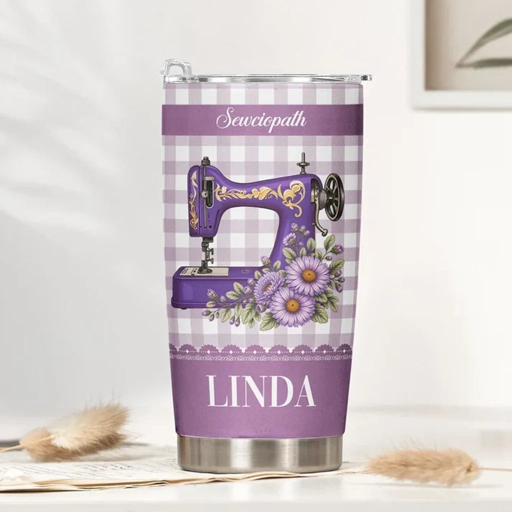 Personalized Insulated Travel Tumbler, Purple Floral Sewing Machine, Unique Gift for Sewing Lovers