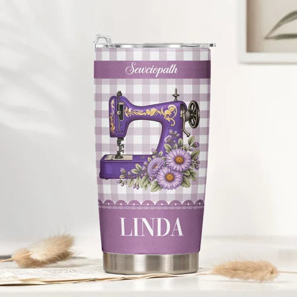 Personalized Insulated Travel Tumbler, Purple Floral Sewing Machine, Unique Gift for Sewing Lovers
