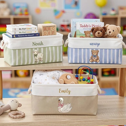 Personalized Cotton Linen Rope Basket, Sweet Animal Nursery Organizer, Creative Keepsake Gift for New Parents