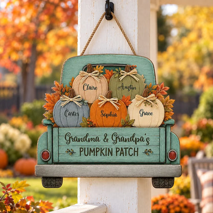 Personalized Wooden Sign with Vintage Pumpkin Truck & Autumn Leaves, Heartwarming Decor, Creative Gift for Grandparents