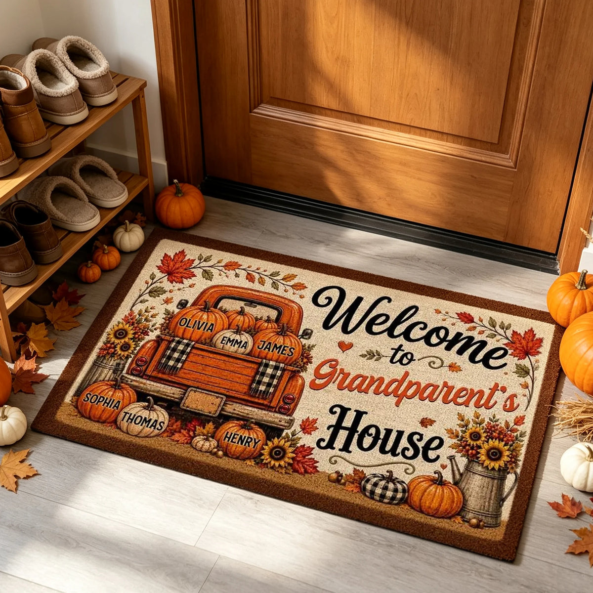 Personalized Standard Doormat with Floral Pumpkin Truck, Fall Entryway Decor, Unique Gift for Grandparents