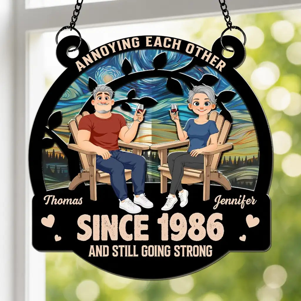 Personalized Wood and Acrylic Layered Ornament for Couple, Unique Anniversary Gift with Seated Wine Scene