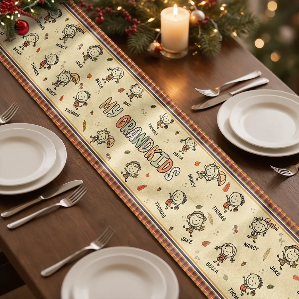 Personalized Table Runner with Grandkid Doodles and Autumn Leaves, Unique Gift for Grandparents