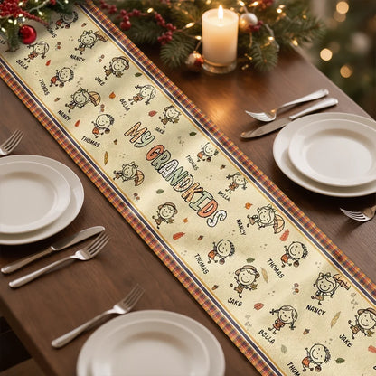 Personalized Table Runner with Grandkid Doodles and Autumn Leaves, Unique Gift for Grandparents