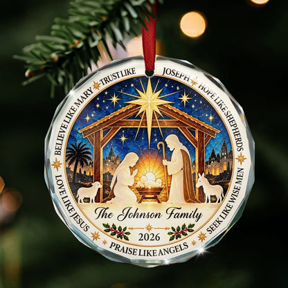 Crystal Ornament with Joseph Beside the Manger in Rich Blue, Personalized Faith Keepsake, Creative Gift for Family