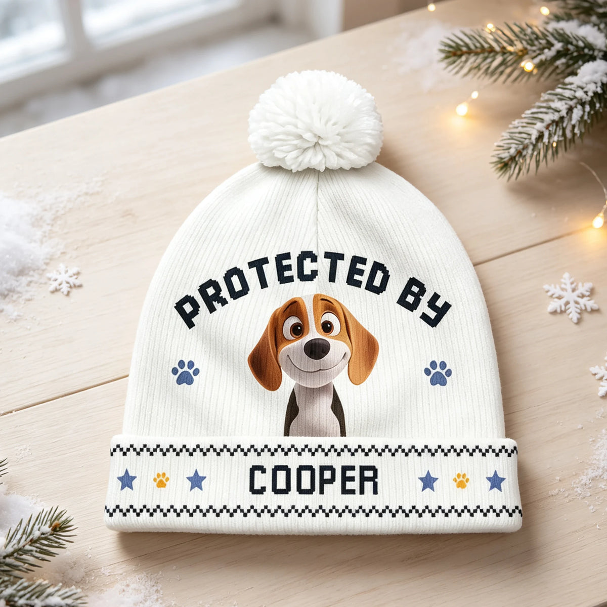 Protected By Personalized Bobble Beanie Hat, Cute Dog and Paw Print Design, Creative Gift for Pet Owners