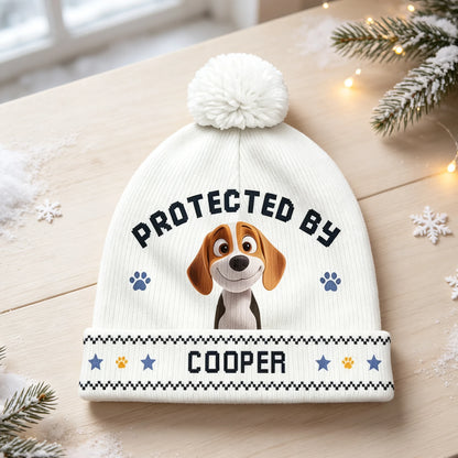 Protected By Personalized Bobble Beanie Hat, Cute Dog and Paw Print Design, Creative Gift for Pet Owners