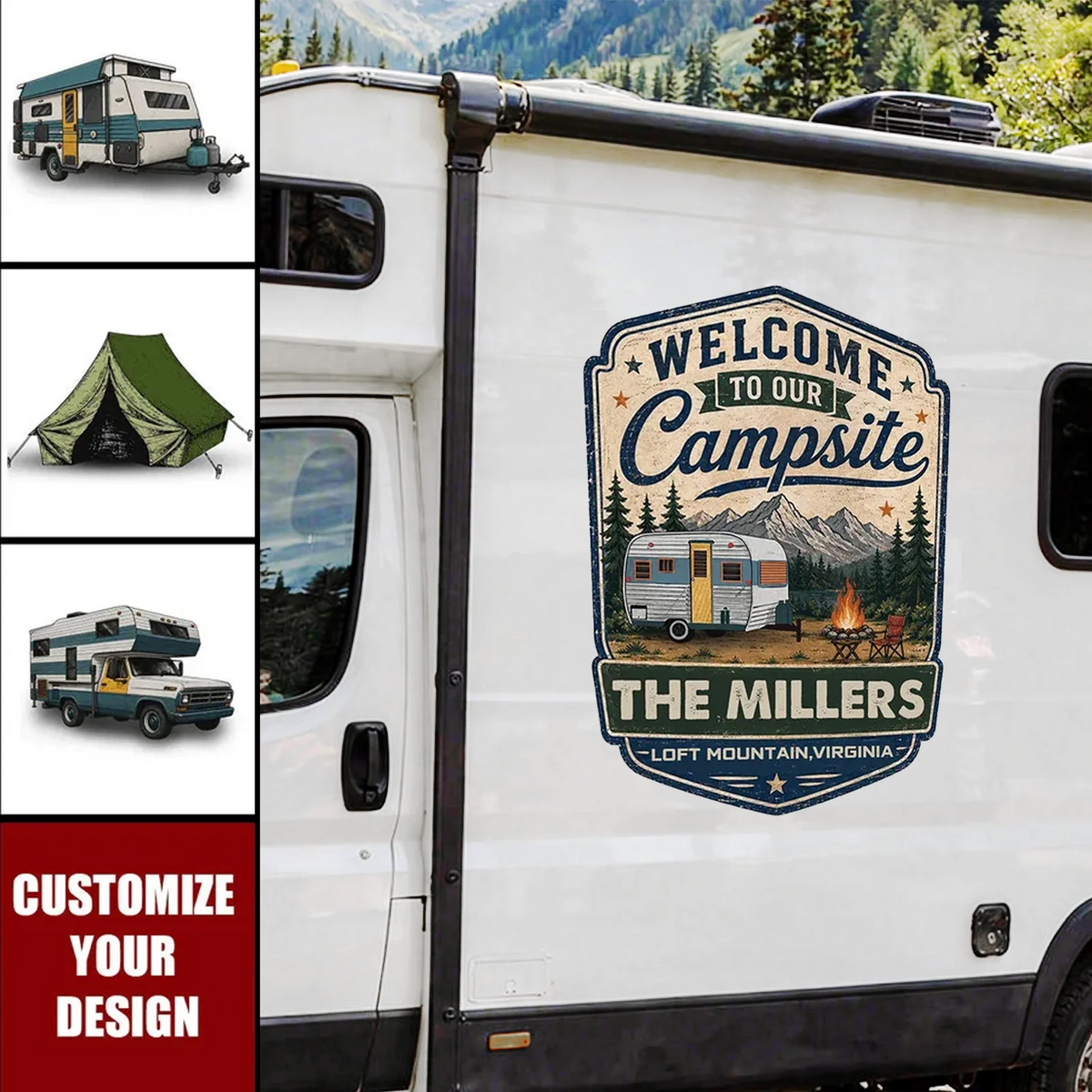 Welcome to Our Campsite Sticker Decal, Personalized Vintage RV Scene, Creative Gift for Campers