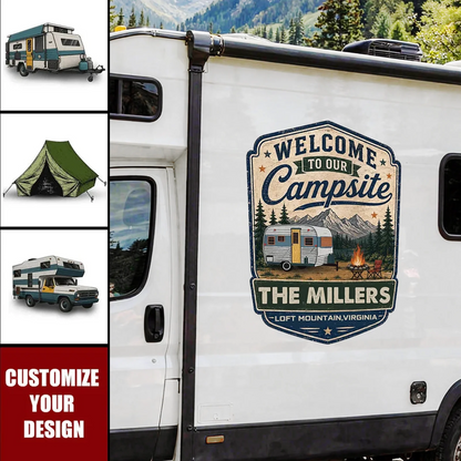 Welcome to Our Campsite Sticker Decal, Personalized Vintage RV Scene, Creative Gift for Campers