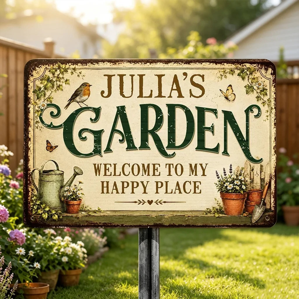 Personalized Rectangular Iron Sign with Vintage Garden Art, Unique Gift for Gardeners