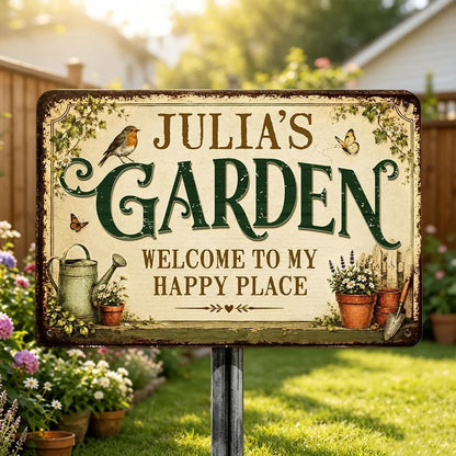 Personalized Rectangular Iron Sign with Vintage Garden Art, Unique Gift for Gardeners