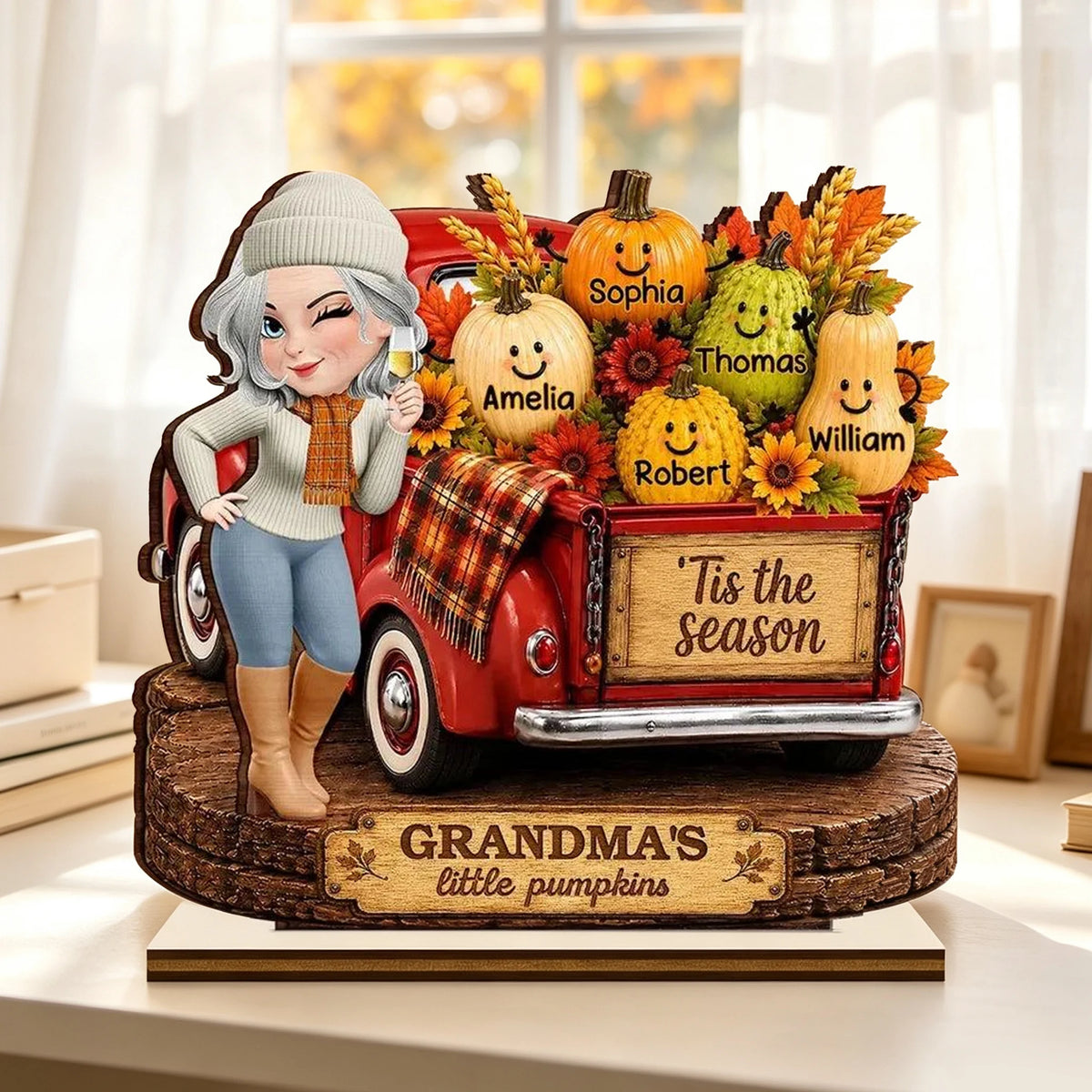 Personalized Layered Wooden Plaque, Grandma Beside a Red Truck with Little Pumpkins, Unique Fall Gift for Grandma
