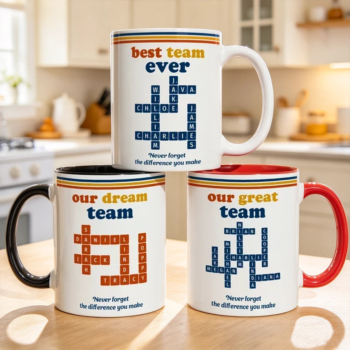 Personalized Ceramic Mug with Retro Word Tile Design, Unique Team Gift for Coworkers