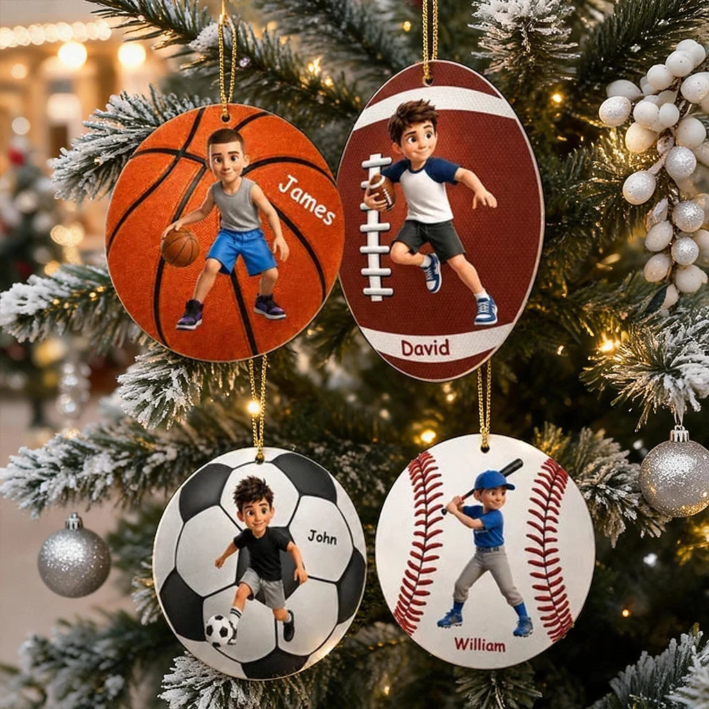 Personalized Acrylic Ornament, Cartoon Athlete in Action on a Glowing Christmas Tree, Unique Gift for Sports Fans