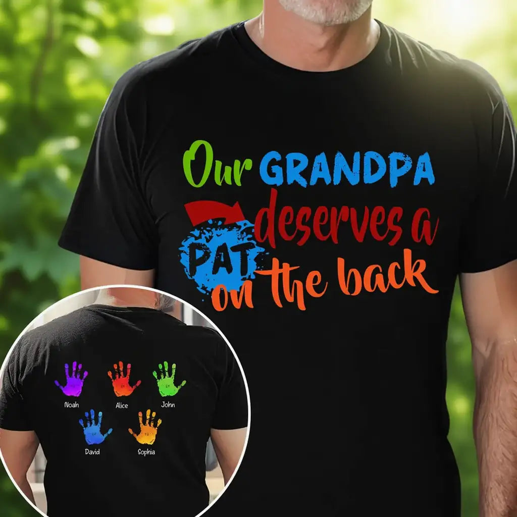 Personalized Dual Print Classic Tee for Grandpa, Unique Father's Day Gift With Colorful Handprints