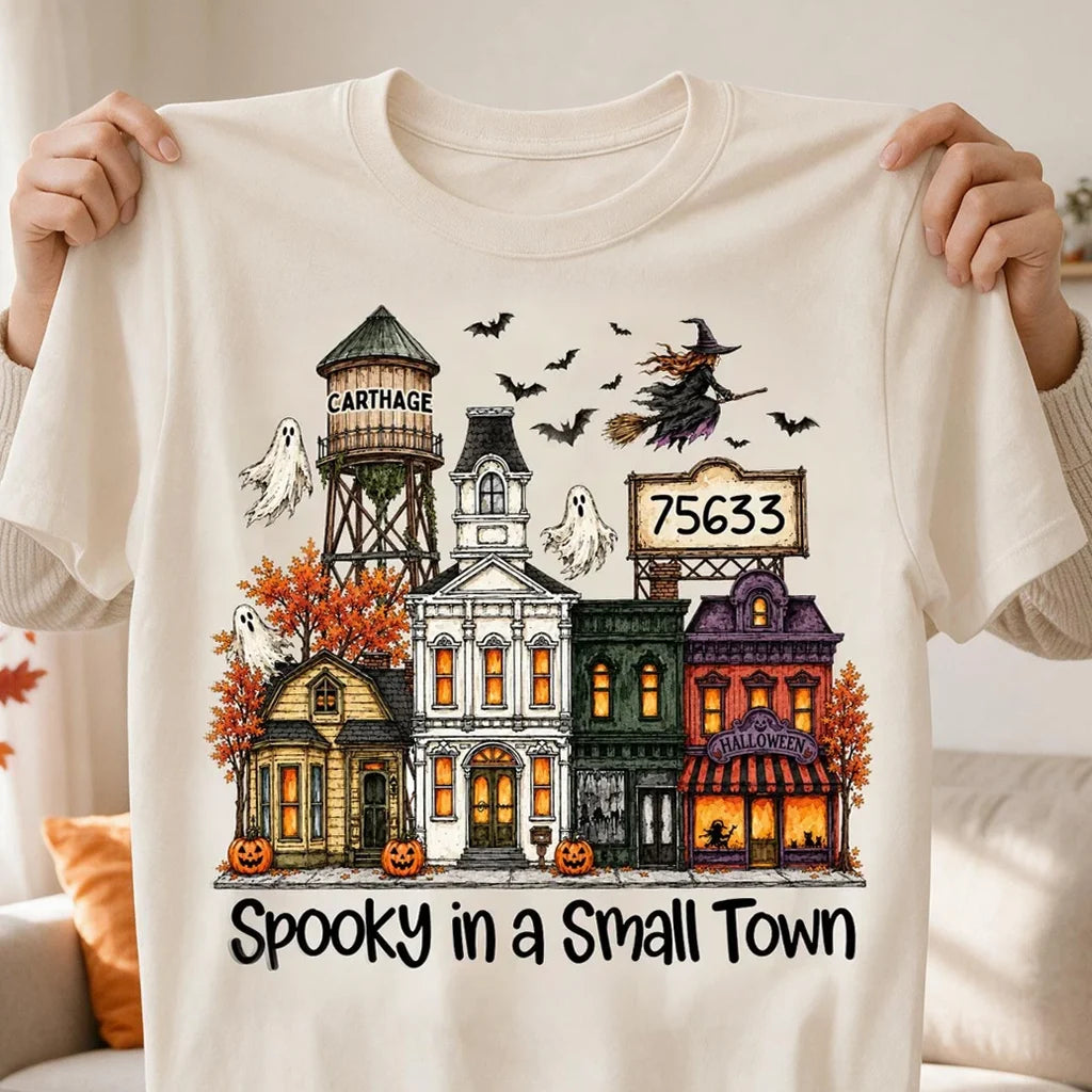 Personalized Classic Tee, Halloween Nostalgia with Flying Witch Over an Autumn Town, Creative Gift for Friends and Family