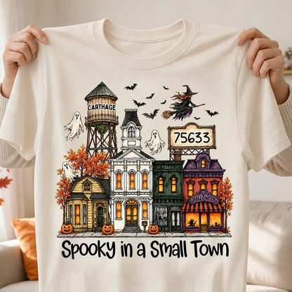 Personalized Classic Tee, Halloween Nostalgia with Flying Witch Over an Autumn Town, Creative Gift for Friends and Family