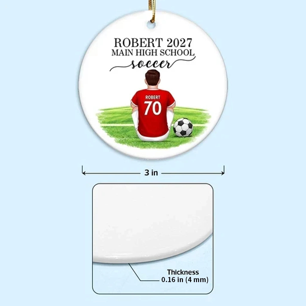 Personalized Ceramic Ornament, Seated Soccer Athlete on Field, Unique Christmas Gift for Soccer Player