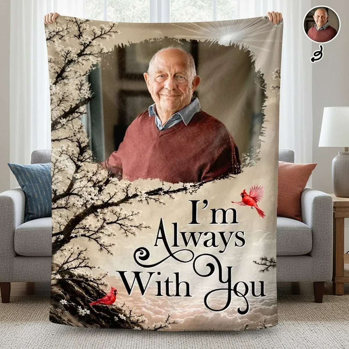 Personalized Photo Fleece Blanket, I'm Always With You Memorial with Blossoms and Cardinals, Unique Gift for Family