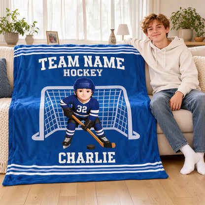 Personalized Fleece Blanket, Blue Hockey Player Goal Scene, Creative Keepsake Gift for Son or Grandson