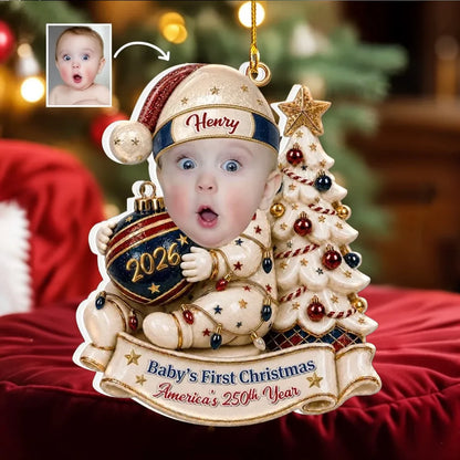 Personalized Acrylic Ornament, Baby Holding a Bauble by a Christmas Tree, Unique Gift for New Parents