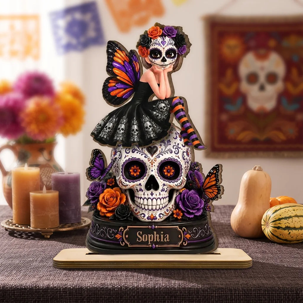 Seated Sugar Skull Fairy Wooden Plaque, Personalized Gothic Keepsake, Creative Halloween Gift for Skull Lovers