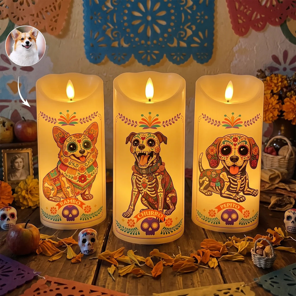 Custom Pet Memorial Flameless LED Candle, Mexican Folk Art Dog Decor and Creative Gift for Dog Lovers