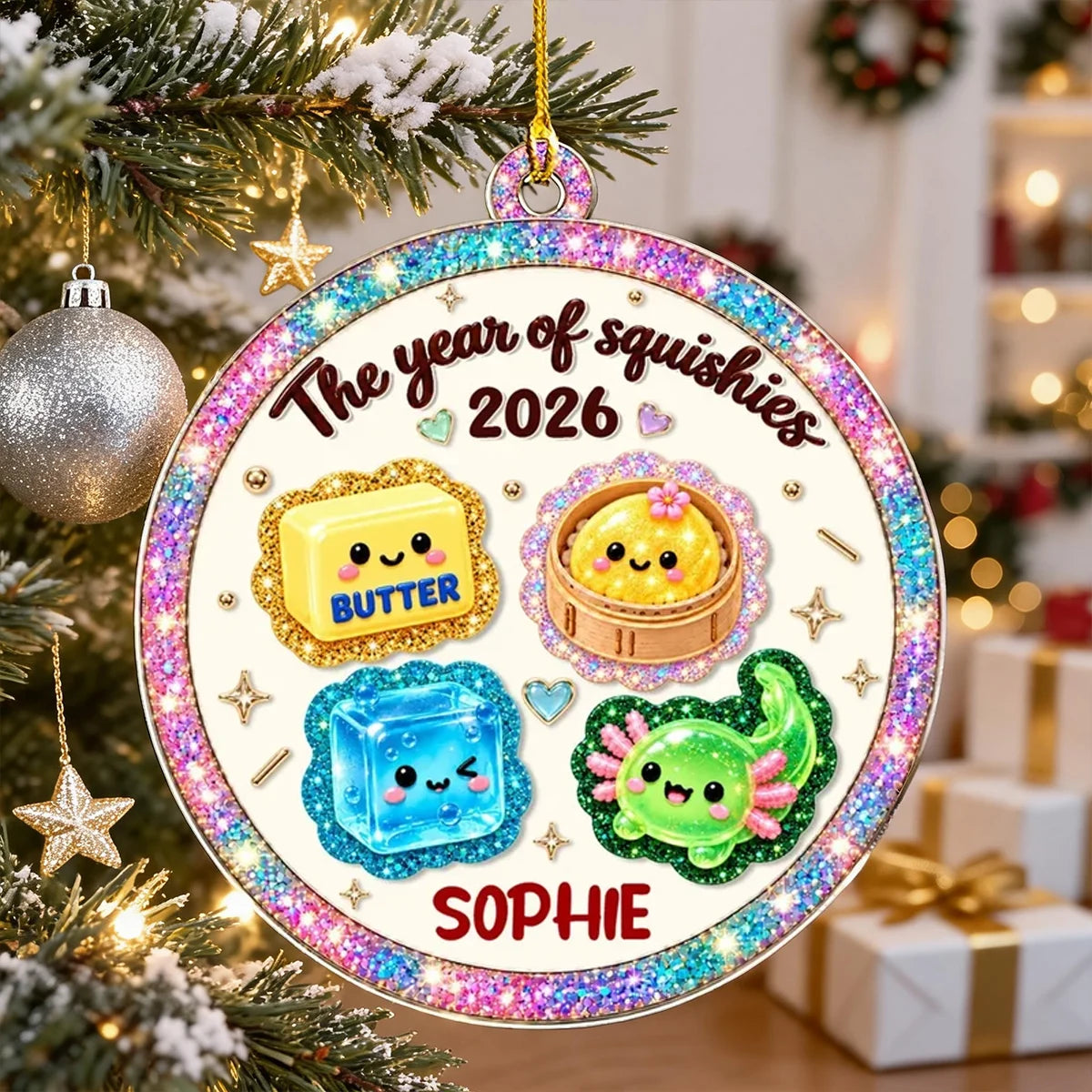 Personalized Acrylic Ornament, Cute Glitter Look Keepsake for a Lit Christmas Tree, Creative Gift for Squishy Fans