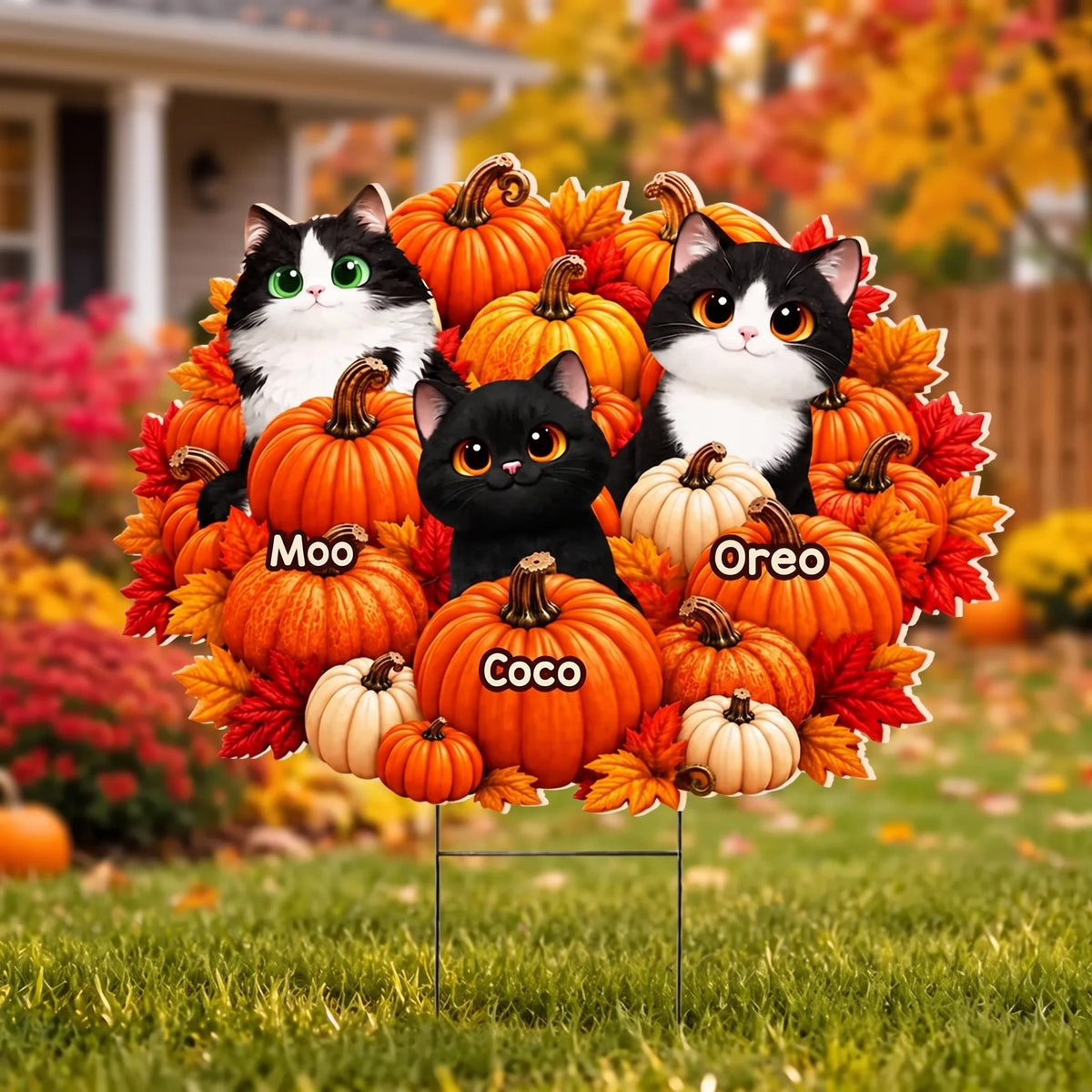 Personalized Shaped Yard Sign with Cartoon Cats and Orange Pumpkins, Unique Autumn Gift for Cat Lovers