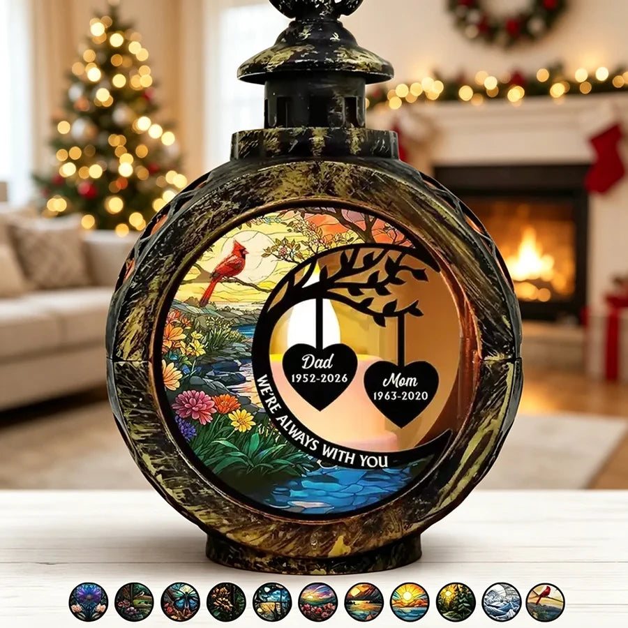 Personalized Lantern Ornament with Glowing Memorial Hearts and Cardinal Garden, Creative Remembrance Gift for Family