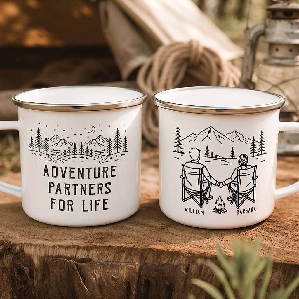 Personalized Enamel Mug, Couple Holding Hands by a Campfire, Unique Adventure Gift for Partners