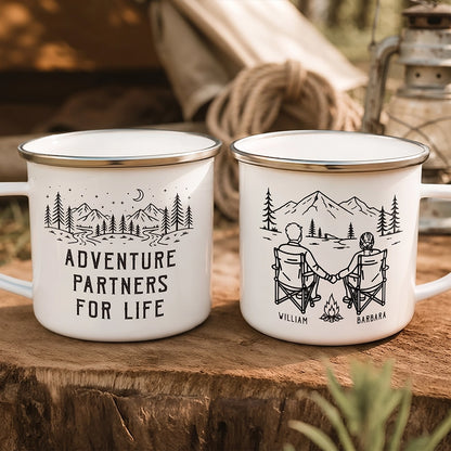 Personalized Enamel Mug, Couple Holding Hands by a Campfire, Unique Adventure Gift for Partners