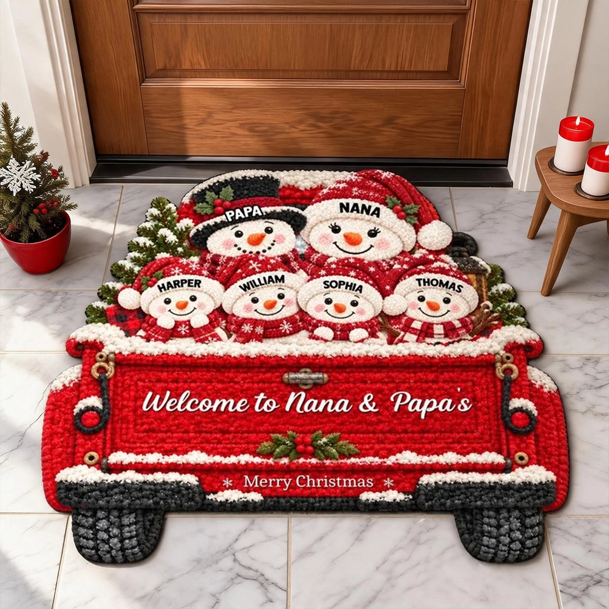 Personalized Shaped Doormat, Merry Christmas Snowman Welcome, Creative Family Gift for Nana & Papa