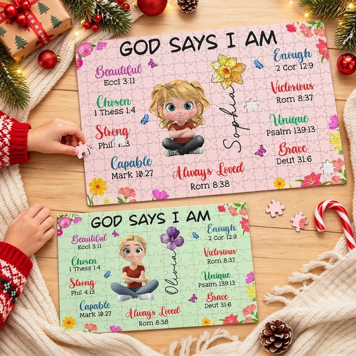 Personalized Wooden Puzzle with Bible Affirmations, Child Assembling Floral Art, Unique Creative Gift for Kids